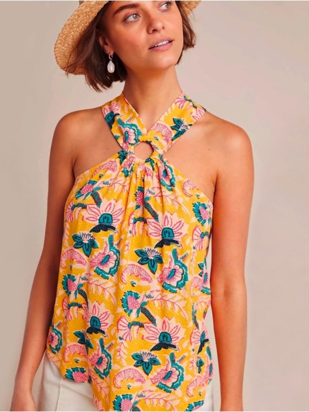 Maeve Anthropologie Yellow Floral Tank Tropical Coastal Indie Beach Colorful